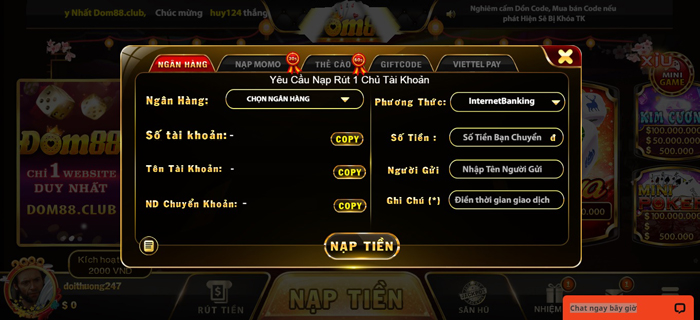 Quy trình nạp rút tiền tại Dom88.club